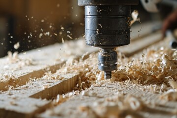 An in-action shot of a drill press creating shavings as it carves into a wooden plank, capturing the essence of woodworking - Powered by Adobe