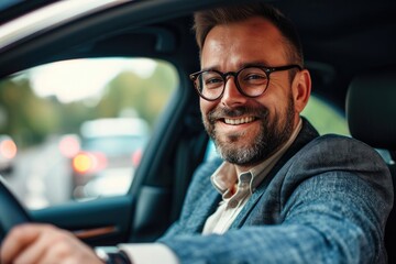 A smiling, bespectacled man contentedly driving his car through the urban landscape, exuding confidence and ease
