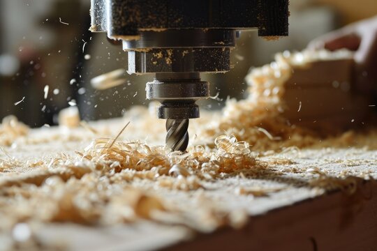 An in-action shot of a drill press creating shavings as it carves into a wooden plank, capturing the essence of woodworking
