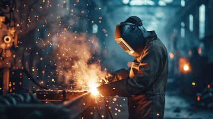 A worker welder in a protective suit works in production - obrazy, fototapety, plakaty