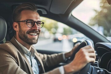 A smiling, bespectacled man contentedly driving his car through the urban landscape, exuding confidence and ease