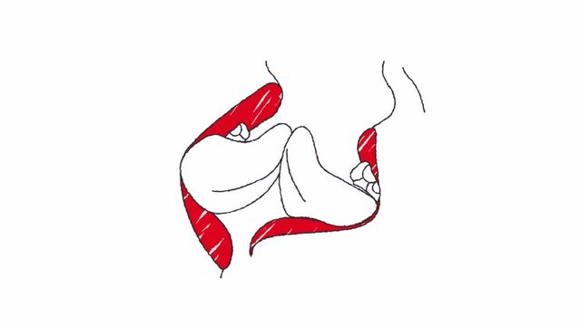 Abstract two kissing lips together. Hand drawn. Alpha channel transparency