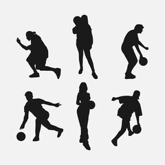 bowler silhouette collection set. player, bowling sport, hobby concept. different actions, poses. monochrome vector illustration.