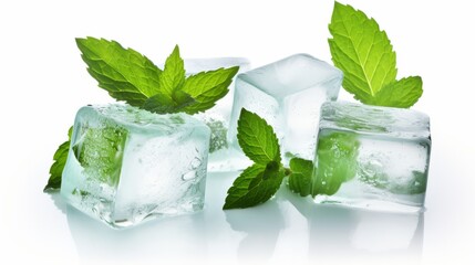 Crystal ice cubes with mint leaf isolated on white background. isolated on white background, - Created using AI Generative Technology