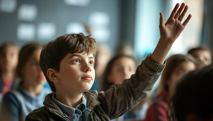 Boy raise his hand at elementary school classrom. Education system.