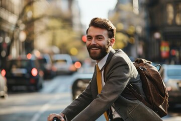 A happy bearded man with a stylish outfit and backpack smiling in an urban evening environment