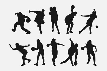 set of silhouettes of bowling player, bowler. sport, hobby, active concept. vector illustration. - obrazy, fototapety, plakaty