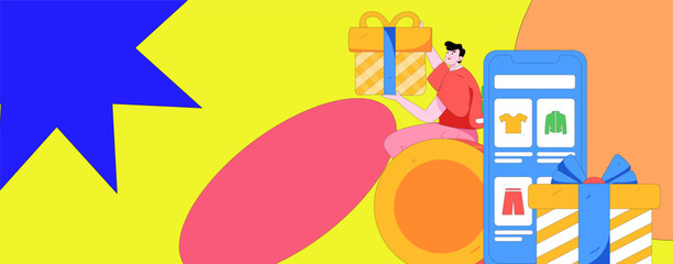 Holiday shopping people doing e-commerce online shopping flat vector concept operation hand drawn illustration

