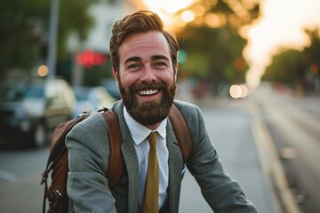 A happy bearded man with a stylish outfit and backpack smiling in an urban evening environment