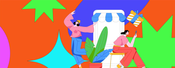 Holiday shopping people doing e-commerce online shopping flat vector concept operation hand drawn illustration
