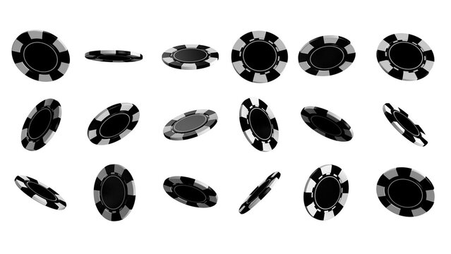 Floating black color casino chips on isolated transparent background. PNG. 3D illustration. 3D Render.