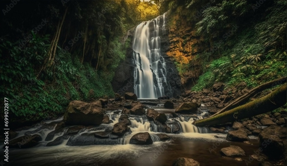 Poster majestic waterfall unveiling boundless power in the heart of a lush jungle - ai generative