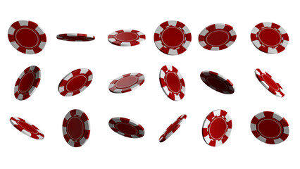 Floating red color casino chips on isolated transparent background. PNG. 3D illustration. 3D Render.