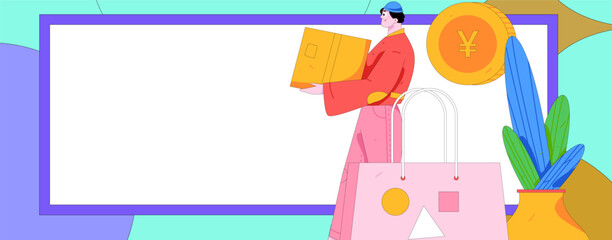 Holiday shopping people doing e-commerce online shopping flat vector concept operation hand drawn illustration
