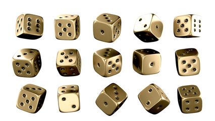 Collection of golden dice isolated in transparent background. PNG. 3D Illustration. 3D Render.