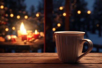 Atmospheric winter photo. A warm cup of coffee against the background of a Christmas tree with lights.
