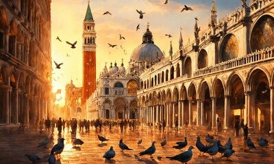Venice sunset and pigeons