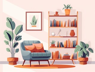 Living room interior with bookshelf, armchair and plants. illustration Generative AI