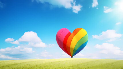 Fototapeta premium Rainbow colorful heart or love character shape on blue sky and white natural grass clouds with valentines day background