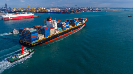 Aerial view container cargo ship maritime freight shipping by container cargo ship, Global business...