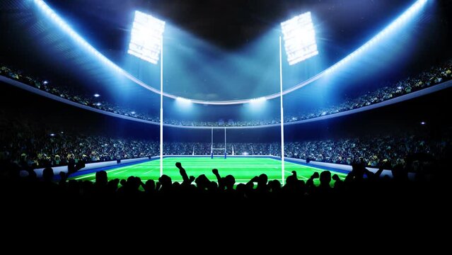 Rugby football stadium with cheering audience on the bleachers and bright lights animation