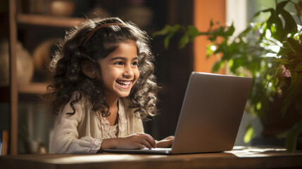 beautiful indian little girl using laptop at home