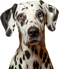 studio headshot portrait of Dalmatian dog looking forward against a yellow