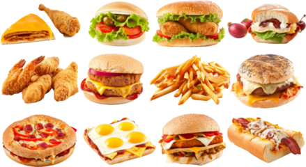 ll Fast Food collection set, isolated on white background. Fried chicken, fries, pizza, sandwich, chicken nuggets, eggs and bacon, shawarma, prawns