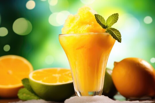 A mouthwatering image featuring a unique Slurpee flavor that combines the tanginess of freshly squeezed citrus fruits with the tropical sweetness of juicy mangoes. The frozen beverage is