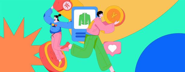 Holiday shopping people doing e-commerce online shopping flat vector concept operation hand drawn illustration
