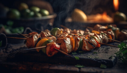 Grilled meat on skewer, cooked over coal, natural flame heat generated by AI