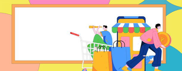 Holiday shopping people doing e-commerce online shopping flat vector concept operation hand drawn illustration
