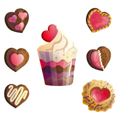 Set of cookies with hearts for Valentine's Day, a delicious collection for the February 14th holiday, illustrations in a flat cartoon style for decorating a sweet menu in a restaurant