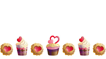 Horizontal frame with cakes and cookies with hearts for Valentine's Day, a delicious collection for holiday, illustrations in a flat cartoon style to decorate the sweet menu in the restaurant