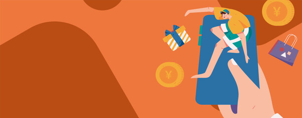 Holiday shopping people doing e-commerce online shopping flat vector concept operation hand drawn illustration
