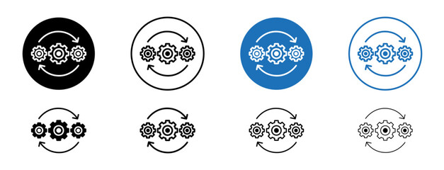 Automation and optimization line icon set. Operation process optimize line sign. Effective production system technology line illustration in black and blue color.
