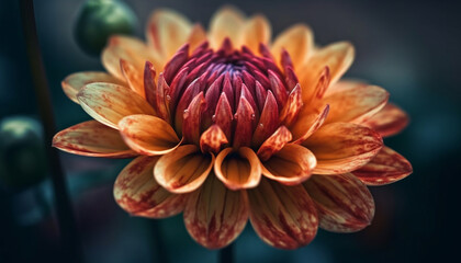 Close up of a vibrant, multi colored dahlia flower in a formal garden generated by AI