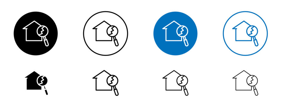 House damage line icon set. Earthquake broken home property line sign in black and blue color.