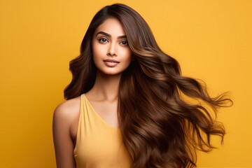 Naklejka premium Young indian woman with hair flying on colorful background