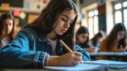 Student teenager take exam at classroom