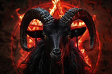 A black big horned goat back lit by a glowing fiery pentagram - black and red misty background -...