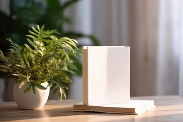 White blank book on wooden table, bright lighting, mockup, with house plant. AI Generated