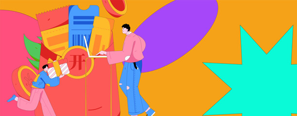 Holiday shopping people doing e-commerce online shopping flat vector concept operation hand drawn illustration
