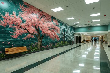 Wall mural of cherry blossoms in an indoor corridor - obrazy, fototapety, plakaty