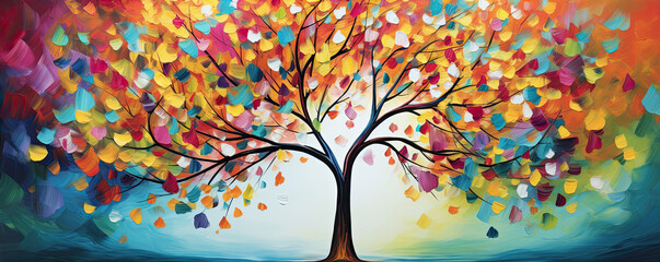 Colorfull tree or rainbow leaves on wide banner. copy space for text.