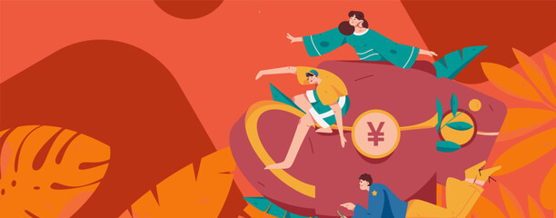 Holiday shopping people doing e-commerce online shopping flat vector concept operation hand drawn illustration
