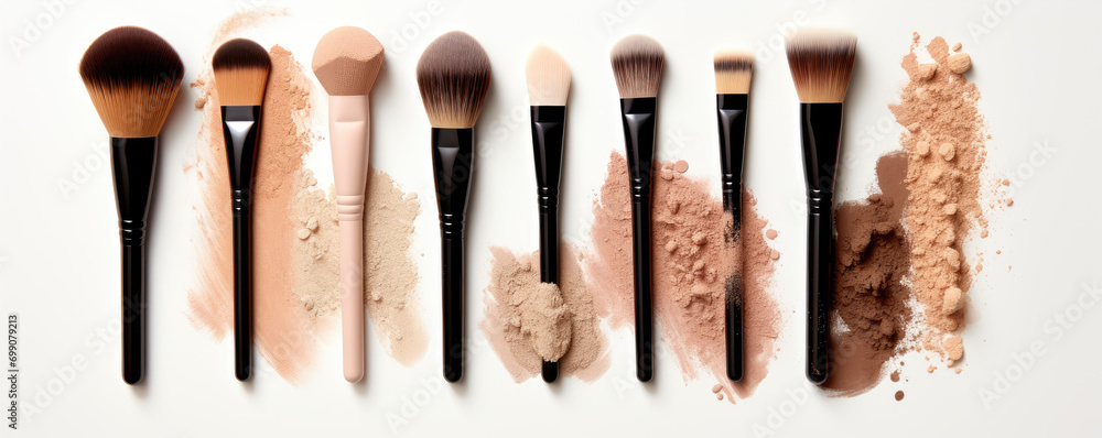 Wall mural Make up brushes top view with foundation swatches on white background.