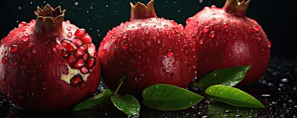 Fresh red pomegranate fruit with green leaves cut in half at dark background. - Powered by Adobe
