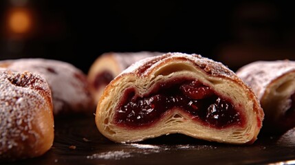 A crosssection shot reveals the inner layers of a cherry rugelach. The rubyred fillings gently peek through the tender, doughy spiral, inviting you to take a bite and savor the juicy sweetness. - obrazy, fototapety, plakaty