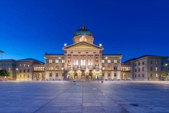 Bern, Switzerland with the Federal Palace of Switzerland at Blue Hour